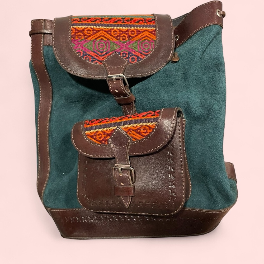 Cute Peruvian mini backpack rainbow stitched green suede chocolate leather